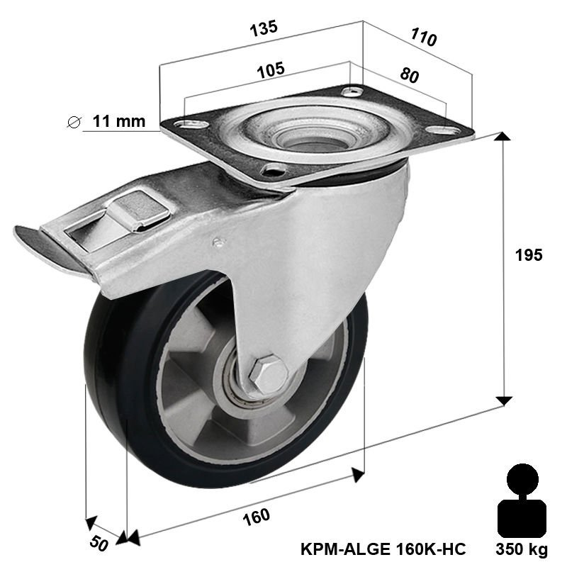 Koło do wózka obrotowe transportowe z hamulcem KPM-ALGE 160K-HC z kołem gumowym piasta aluminium. Nośność 300 kg / 160mm/ kulkowe