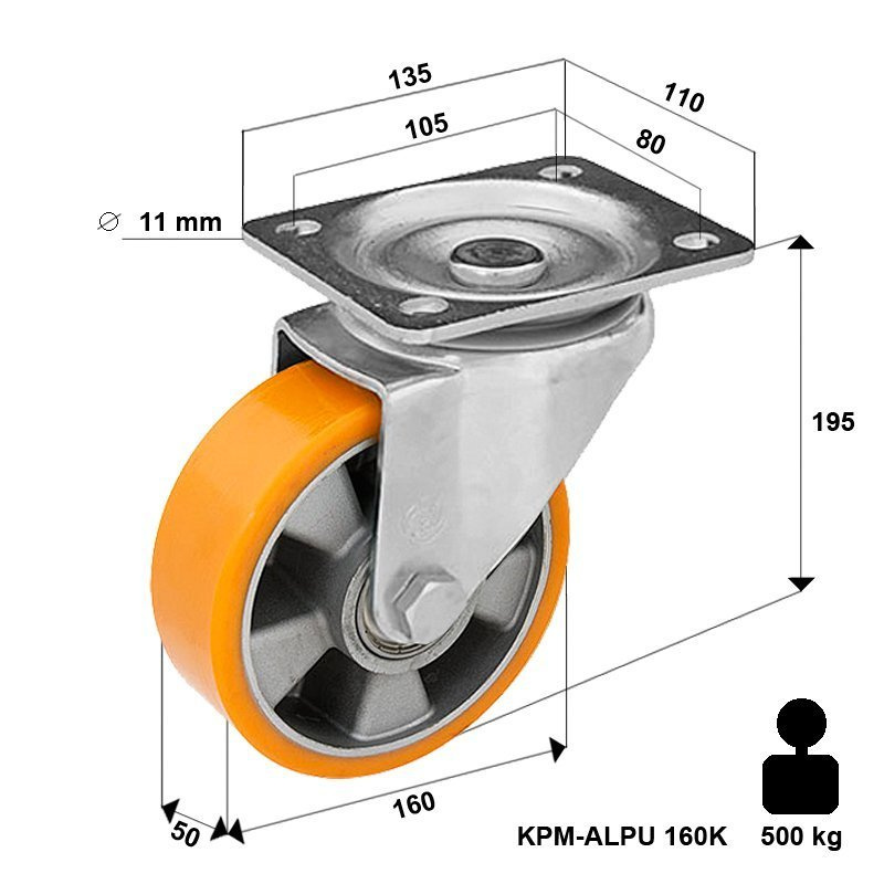 500 kg Koło transportowe przemysłowe skrętne 160mm KPM-ALPU 160K z kołem z nalewanym bieżnikiem poliuretanowym 500/1500 kg