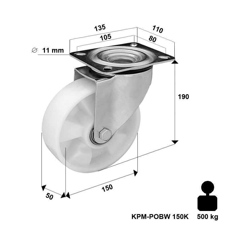 Zestaw kołowy skrętny KPM-POOBW 150K z kołem poliamidowym. Nośność 500 kg / 150mm/ kulkowe