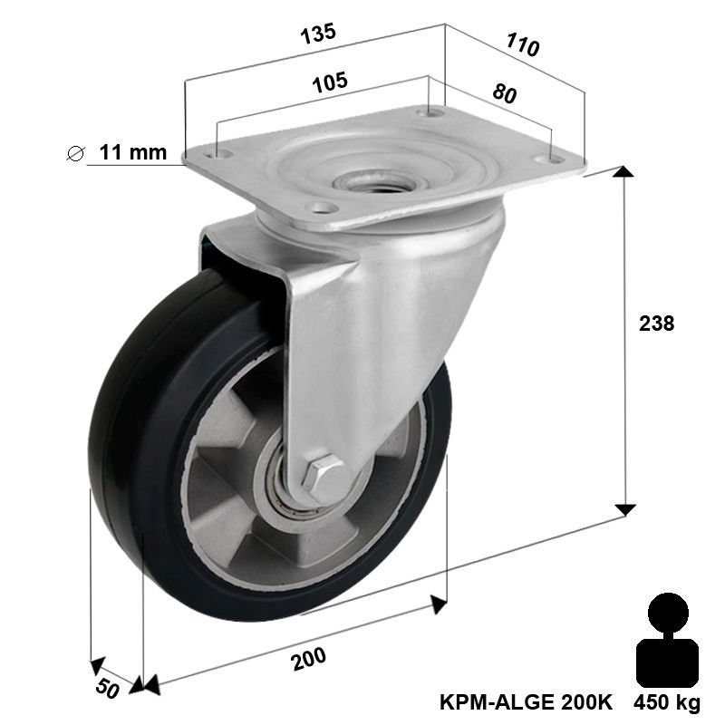 Koło obrotowe transportowe KPM-ALGE 200K z kołem gumowym piasta aluminium. Nośność 400 kg / 200mm/ kulkowe