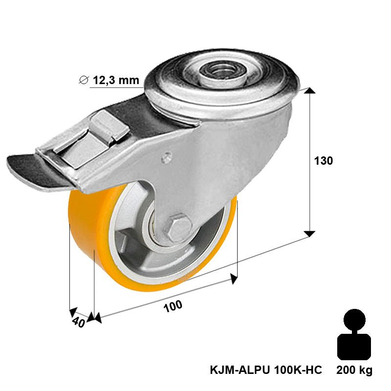 Koło transportowe skrętne na 1 śrubę Zestaw kołowy skrętny z hamulcem KJM-ALPU 100K-HC z kołem z bieżnikiem poliuretanowym. Nośność 200 kg / 100 mm/ kulkowe