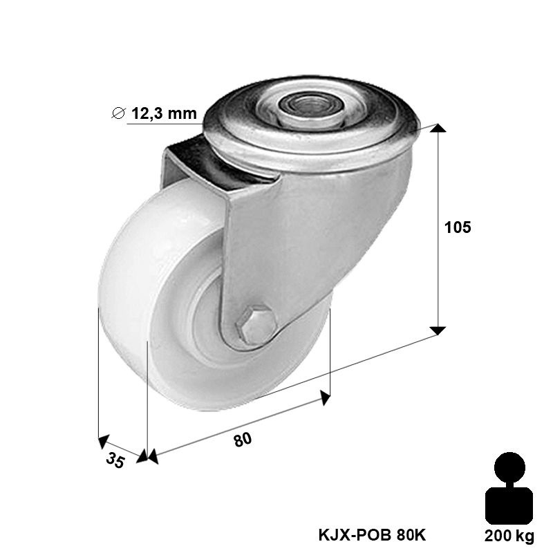 Kółko nierdzewne obrotowe na śrubę KJX-POB 80K1 z kołem poliamidowym Nośność 200 kg / 80 mm / kulkowe