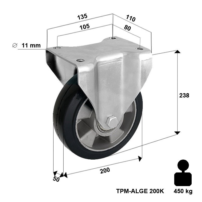 Koło do wózka stałe nieskrętne TPM-ALGE 200K z kołem gumowym piasta aluminium. Nośność 400 kg / 200mm/ kulkowe