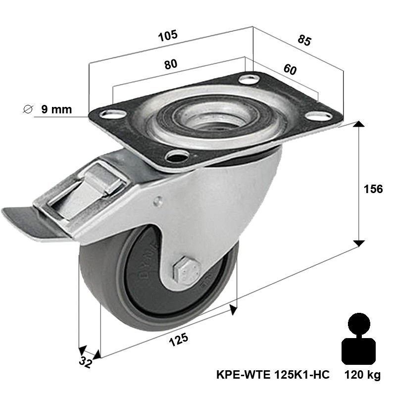 Zestaw kołowy skrętny  z hamulcem KPE-WTE 125K1-HC z szarą gumą piasta polipropylenowa Nośność 120 kg / 125mm/ kulkowe