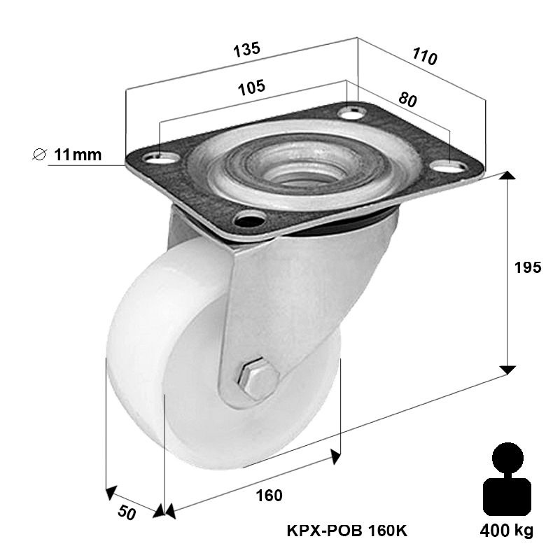 Kółko nierdzewne obrotowe KPX-POBW 160XK z kołem poliamidowym Nośność 400 kg / 160 mm / kulkowe