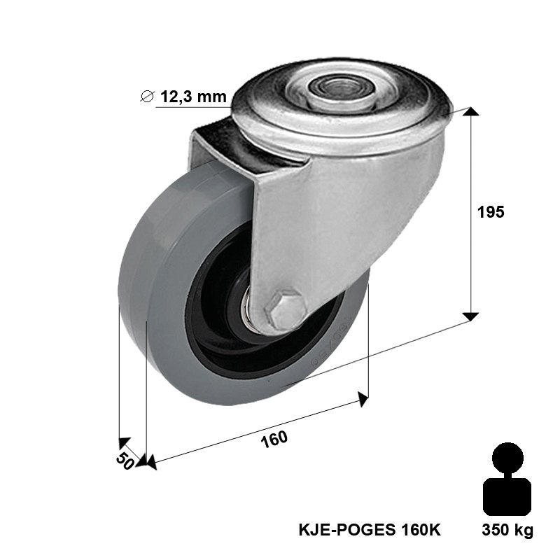 Zestaw kołowy skrętny KJE-POGES 160K1 z kołem gumowym piasta poliamid. Nośność 350 kg / 160mm/ kulkowe