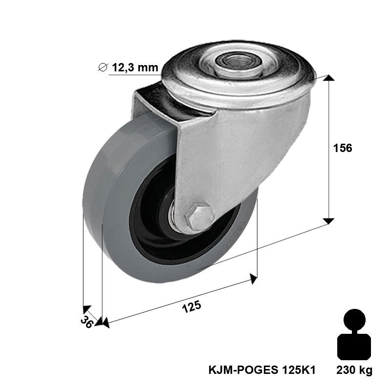 Zestaw kołowy skrętny KJM-POOGES 125K1 z kołem gumowym piasta poliamid. Nośność 220 kg / 125mm/ kulkowe