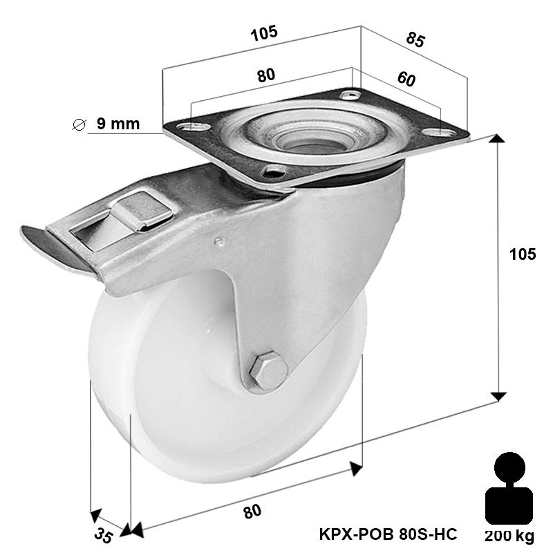 Kółko nierdzewne obrotowe z hamulcem KPX-POB 80S-HC z kołem poliamidowym. Nośność 200 kg / 80mm/ ślizgowe