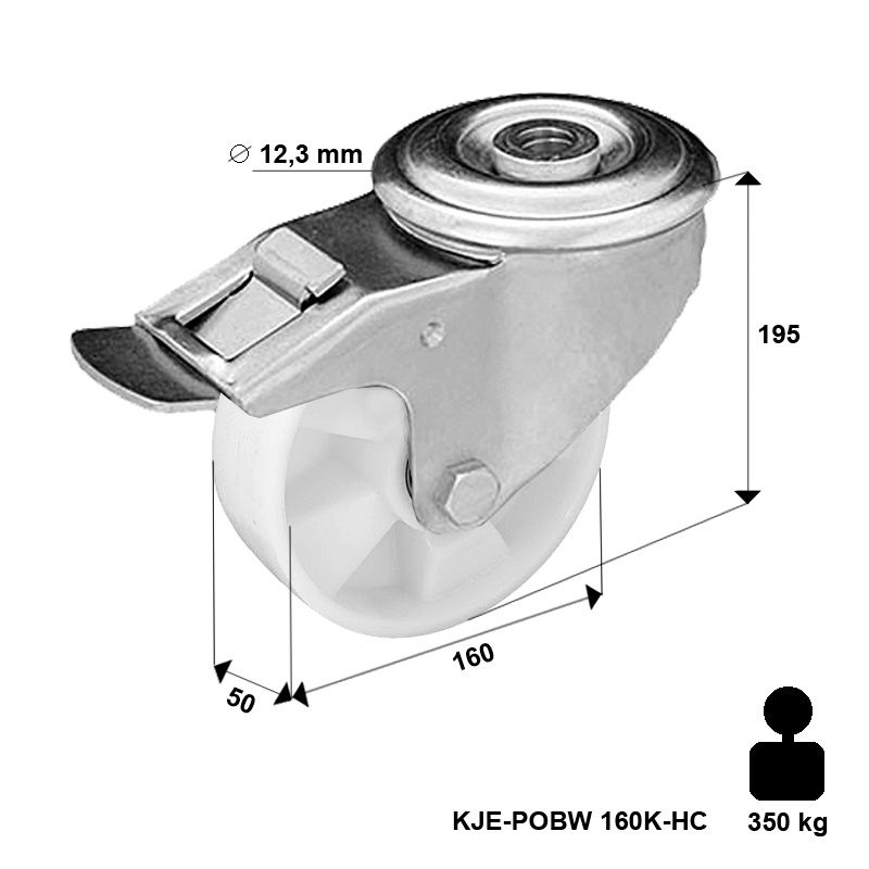 Zestaw kołowy skrętny z hamulcem KJE-POBW 160K-HC z kołem poliamidowym. Nośność 350 kg / 160mm/ kulkowe