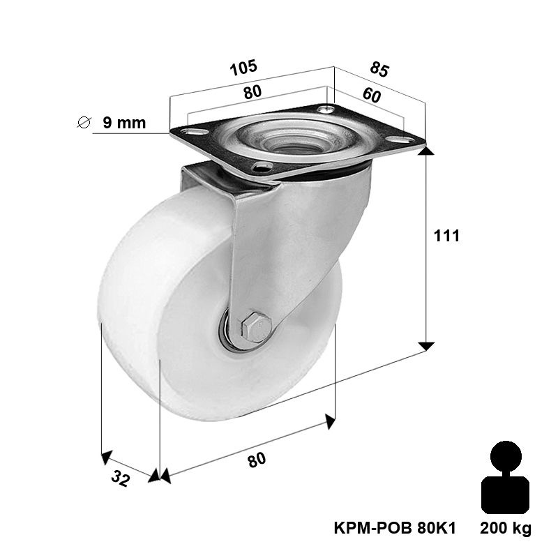 Zestaw kołowy skrętny KPM-POOB 80K1 z kołem poliamidowym. Nośność 200 kg / 80mm/ kulkowe