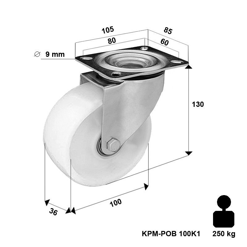 Zestaw kołowy skrętny KPM-POOB 100K1 z kołem poliamidowym. Nośność 250 kg / 100mm/ kulkowe