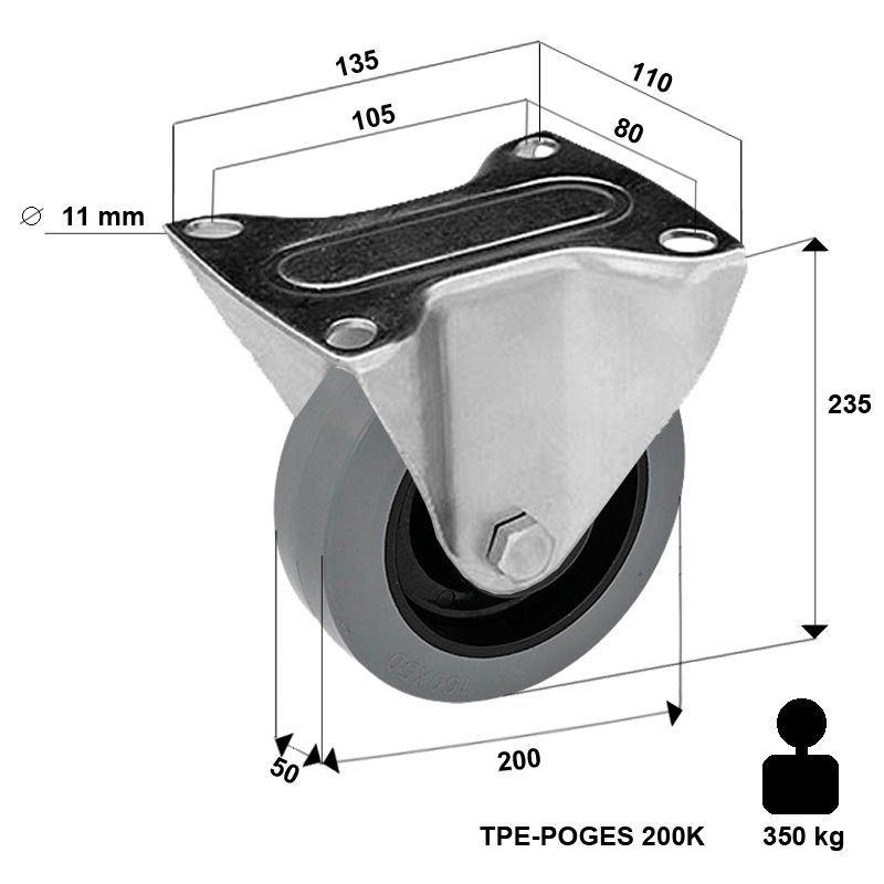 Zestaw kołowy stały TPE-POGES 200K z kołem gumowym piasta poliamid. Nośność 350 kg / 200mm/ kulkowe